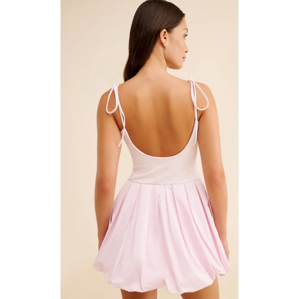 Free People Genevieve Mini Dress Pink Bubble Skirt Tie Shoulder XS Balletcore